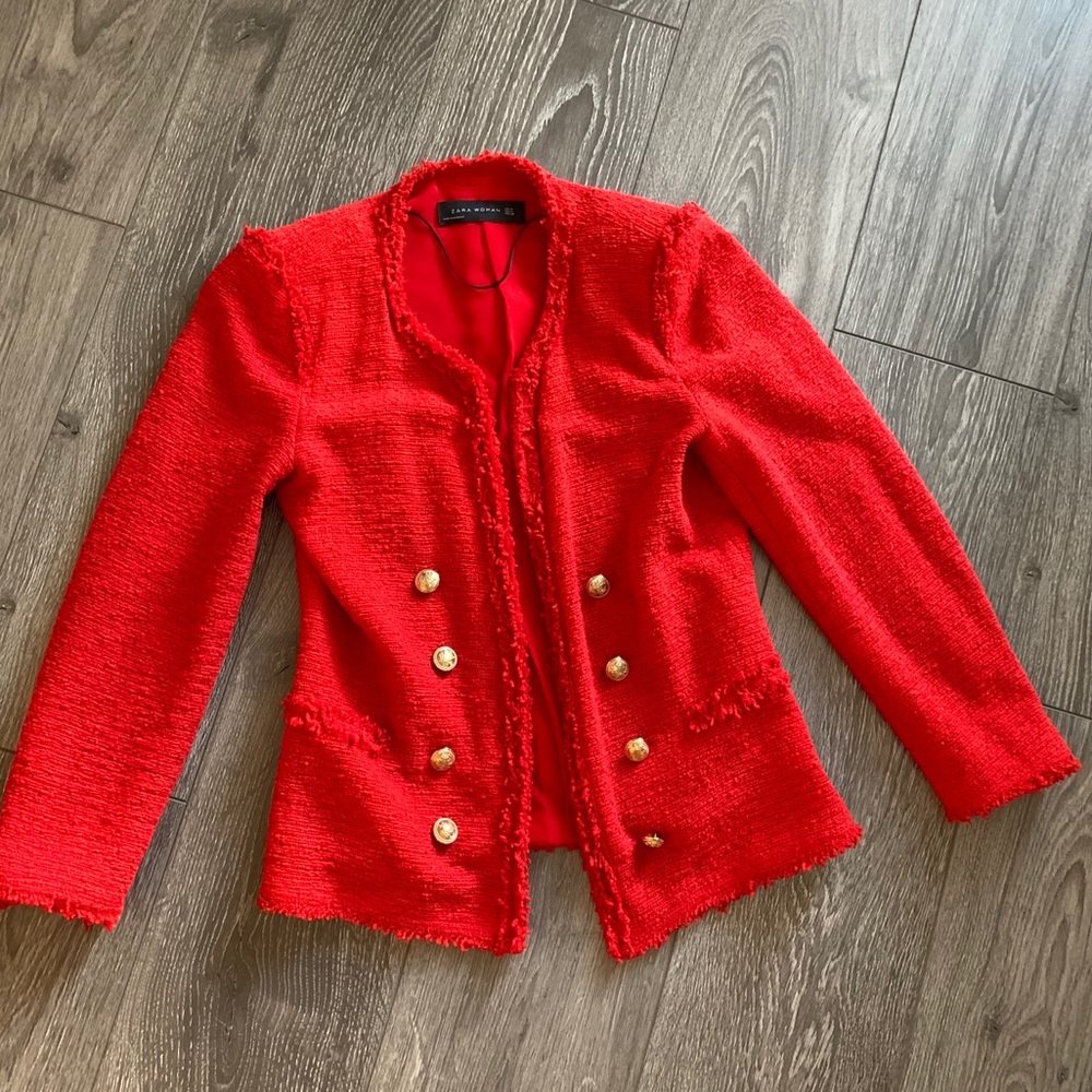 Zara Cherry Red Tweed Blazer
